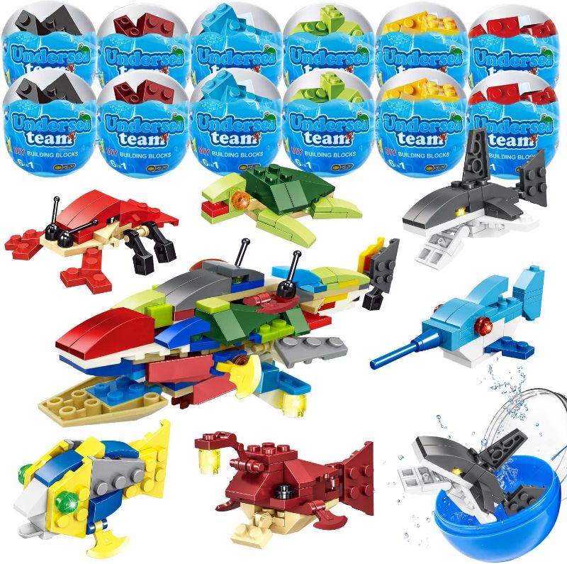 Photo 1 of 24 Pieces Easter Basket Stuffers for Kids, 12 Animal Building Blocks Toys + 12 Easter Jumbo Eggs Easter Party Favor Easter Egg Hunt Gift for Kids Girls Boy (Sea Animal)  -- FACTORY SEALED --
