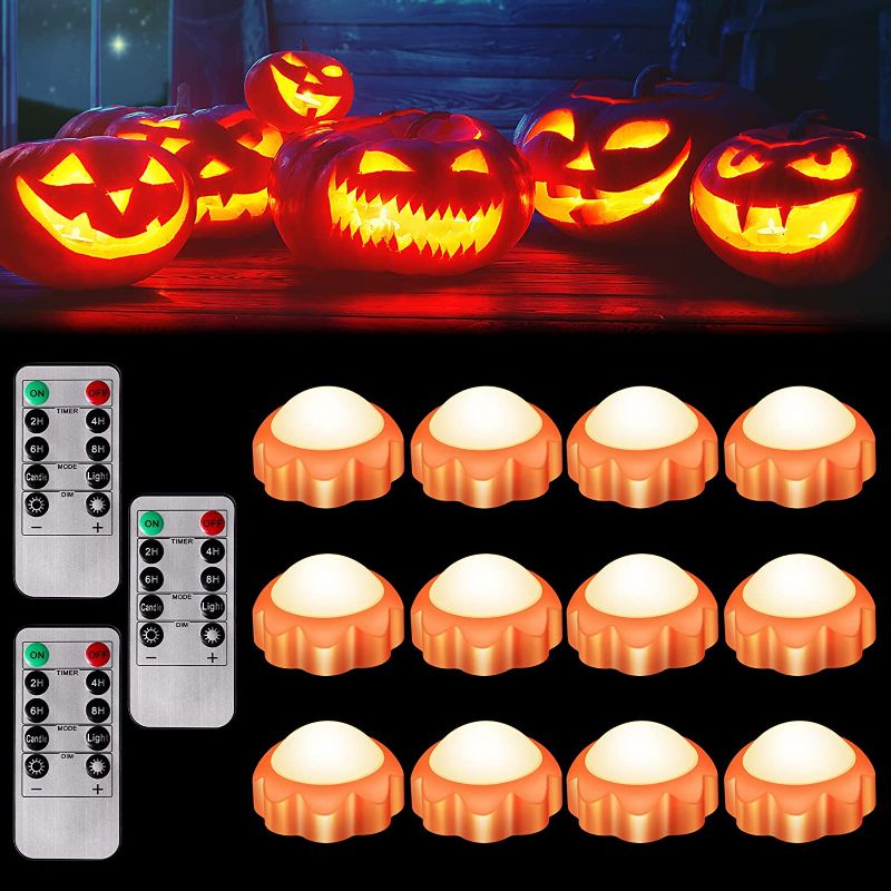 Photo 1 of 12 Pack Halloween Pumpkin Lights with 3 Remotes Battery Operated Halloween LED Lights with Timers Orange Color Flickering Pumpkin Lights for Home Garden Halloween Party Holiday Decorations
