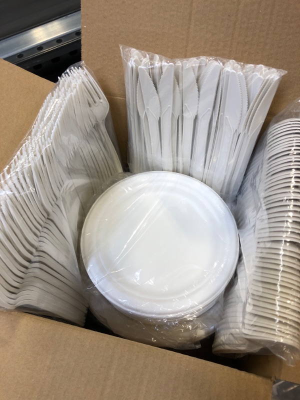 Photo 3 of 250Pcs Disposable Paper Plates Set with Cutlery, Compostable Biodegradable Eco-Friendly Dinnerware & Utensil Include Plate, Larger Fork, Knife & Spoon for Party, Camping, Picnic, BBQ (Natural)
