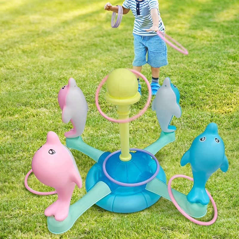 Photo 1 of Dolphin Ring Toss Game Toy Set, Upgraded with Music Rotating Ring Yard Game Suit for Indoor and Outdoor Backyard Games for Family and Party(with 8 Rings)  -- FACTORY SEALED --
