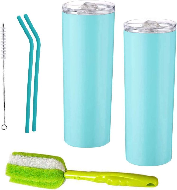 Photo 1 of 20 Oz Stainless Steel Skinny Tumbler,Straws Straight Cups Vacuum Insulated Double-Insulated Water Tumbler Cup with Lid with cleaning cup brush for Hot Cold Drinks (light blue)
