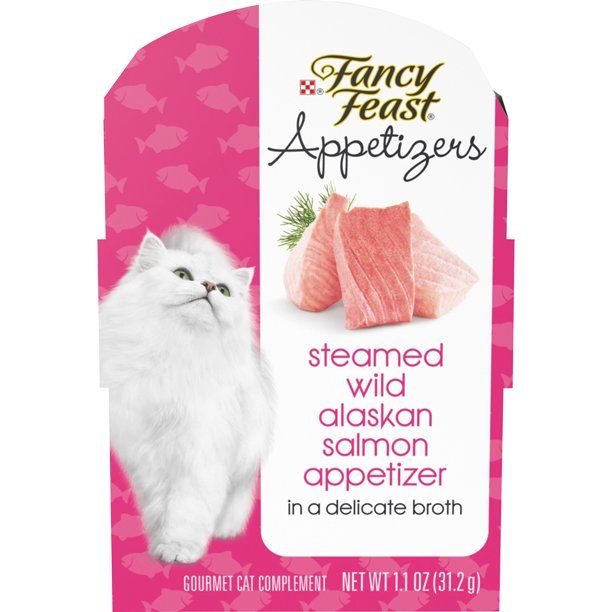 Photo 1 of (10 Pack) Fancy Feast Wet Cat Food Complement, Appetizers Steamed Wild Alaskan Salmon in Delicate Broth, 1.1 oz. Trays  -- FACTORY SEALED , BB JUNE 2024 --
