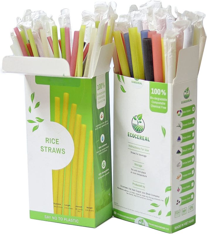 Photo 1 of ( 100percent Natural from VietNam) ECOCEREAL - Rice straws for beverage -Biodegradable-Edible Rice Drinking Straw, Combo 80 units 0.31IN & 35 units 0.51IN (inches), MIX COLOR 0.31 & 0.51IN (inches)
