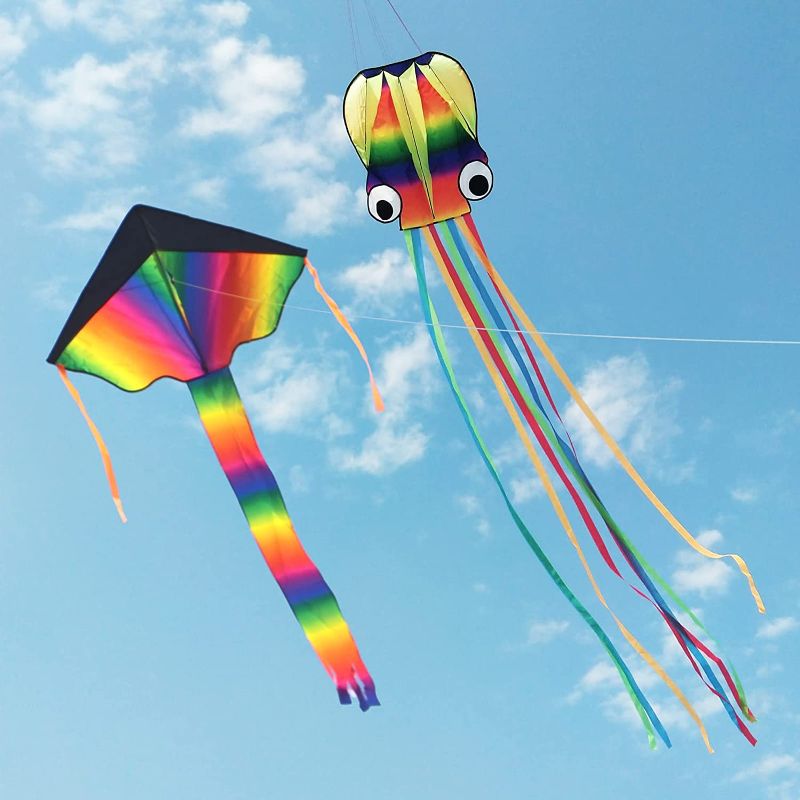 Photo 1 of 2 Pack Kites for Kids, 5M Big Octopus Kite and Rainbow Delta Kite with Long Colorful Tail - incl. 100m Kite line - for Outdoor Activities, FACTORY SEALED
