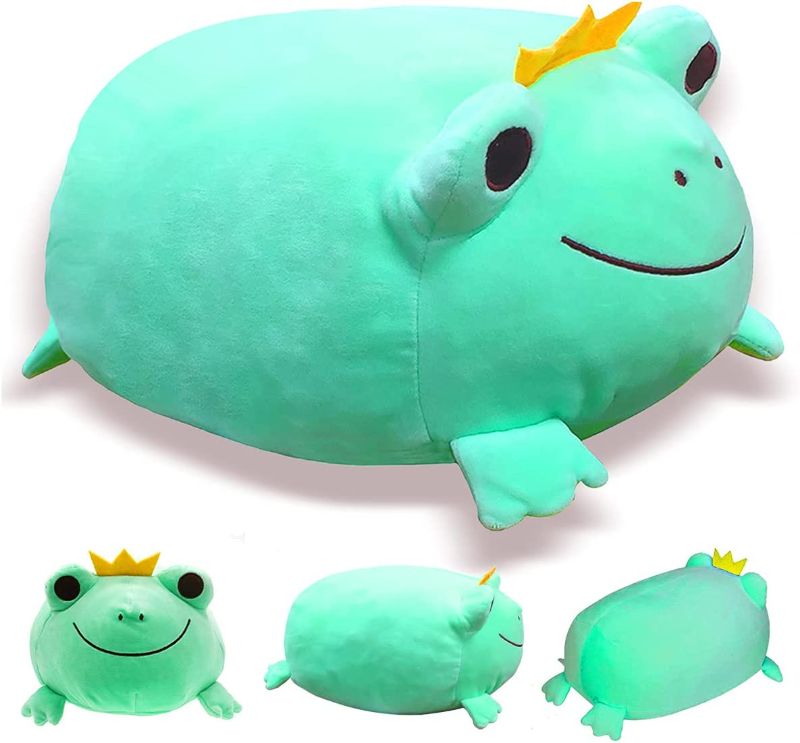 Photo 1 of MDXMY Stuffed Frog Pillow Soft Frog Plush Animal Plush Toy with Crown and Smile Face (Green A, 14 inches)
