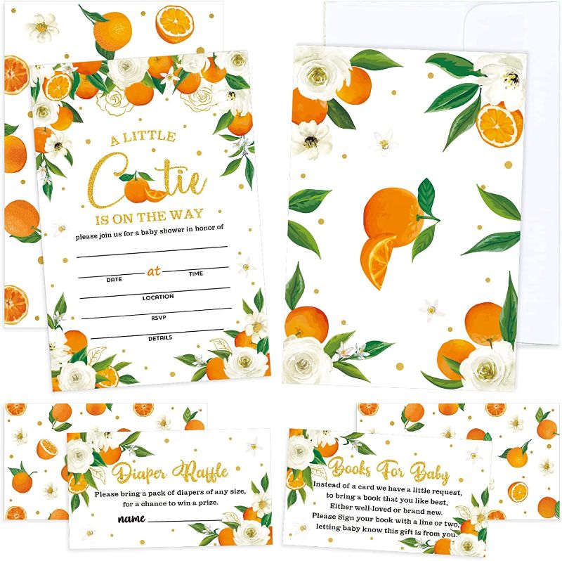 Photo 1 of 2 COUNT OF Pajean Set of 25 Little Cutie Baby Shower Invitations Diaper Raffle Tickets Orange Baby Shower Book Request Cards with Envelopes for Baby Shower Party Little Cutie Baby Shower Decorations Supplies
