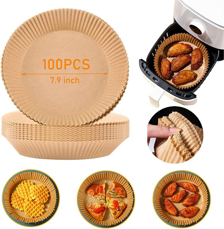 Photo 1 of Air Fryer Disposable Paper Liner, 100Pcs Air Fryer Liners Non-Stick Waterproof, Baking Paper for Air Fryer Oil-Proof, Food Grade Parchment for Baking Roasting Microwave (Round 7.9 Inch )
