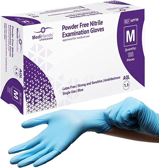 Photo 1 of 2 COUNT OF MediHands Nitrile Gloves Medium, Blue Heavy Duty Disposable Exam Gloves, 3.5 to 4 mil Thick, Powder Free, Latex Free & Protein Free, Medical, Food, Multi Use, Pack of 100

