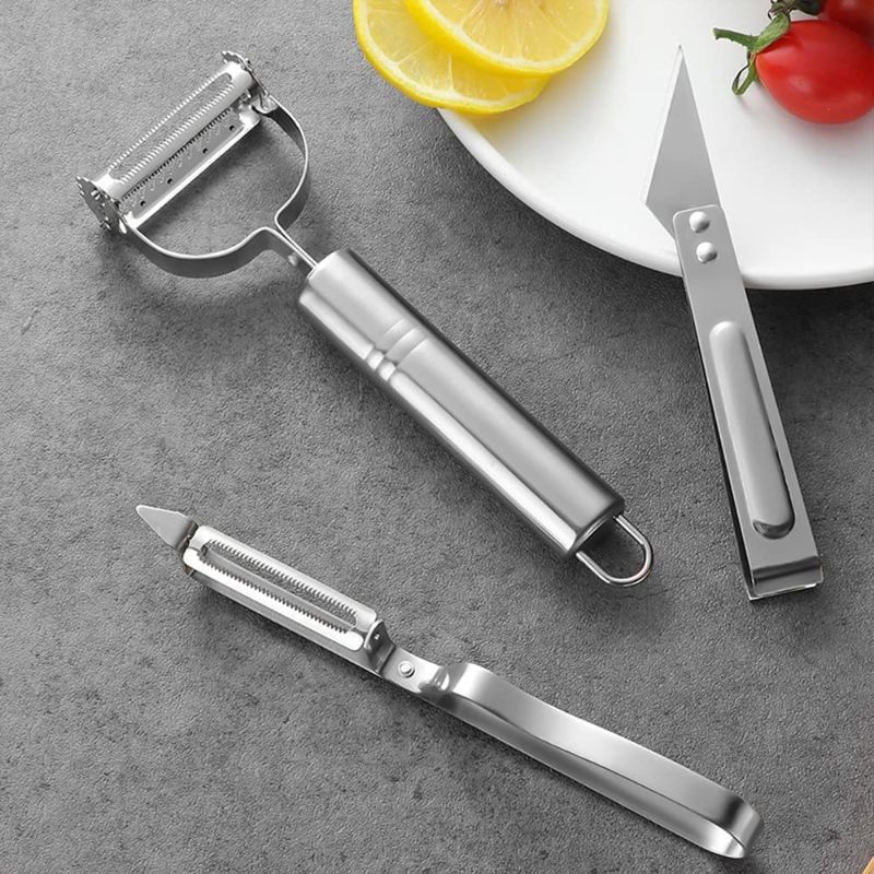 Photo 1 of 2 COUNT OF Vegetable Peeler 3-Pack, Stainless Steel Melon Planer and Vegetable planer, Stainless Steel Fruit Potato Vegetable Shredder, Kitchen utility gadgets (silver)
