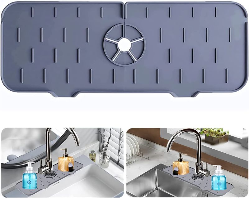 Photo 1 of 2 COUNT OF Auspicious KitchenGuard Silicone Faucet Handle Drip Catcher Tray - Silicone Sink Faucet Water Catcher Mat - for Kitchen Bathroom Bar Countertop Protect (Grey)
