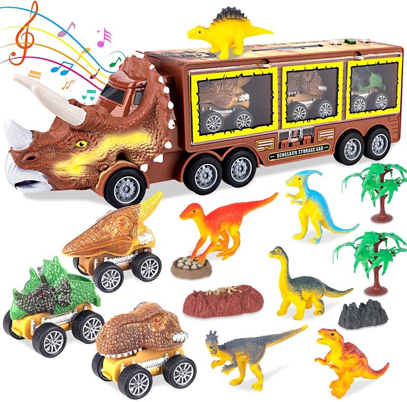 Photo 1 of ATONER Dinosaur Toys Truck for Kids 3-5 with Flashing Lights and Music, 17 in 1 Dinosaur Toy Truck Include Pull Back Dinosaur Truck, Dinosaur Toys, Scene Accessories, Kids Toys for Boys and Girls