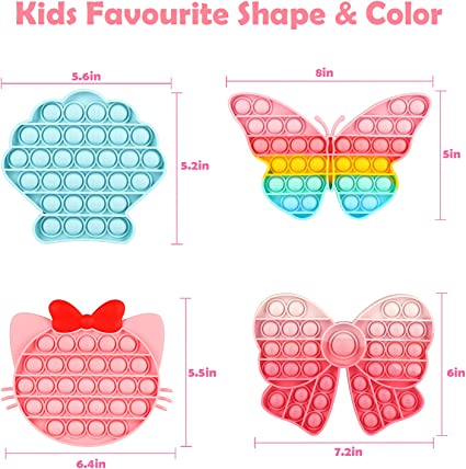 Photo 2 of Asona Girls Push Bubble Fidget Toys 4 Packs with Pop Sound, Pastel Rainbow Butterfly Pink Cute Kitten Cat Bow Blue Seashell Popper Autism Sensory Stress Reliever Toys for Toddlers Kids Car Travel