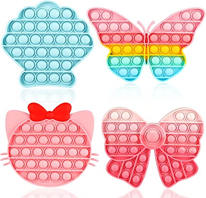Photo 1 of Asona Girls Push Bubble Fidget Toys 4 Packs with Pop Sound, Pastel Rainbow Butterfly Pink Cute Kitten Cat Bow Blue Seashell Popper Autism Sensory Stress Reliever Toys for Toddlers Kids Car Travel