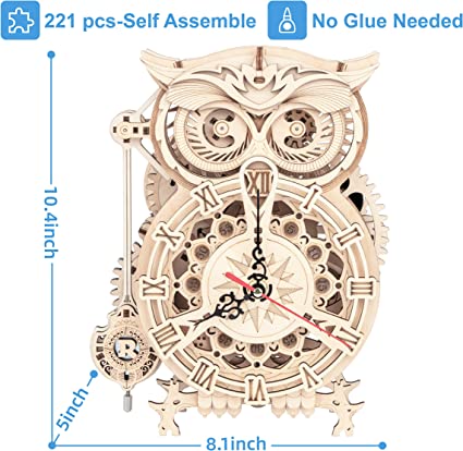 Photo 1 of RoWood 3D Puzzles for Adults, Wooden Owl Clock Mechnical Gear Model Kits Gift for Adults & Teens (161 PCS) - Factory Seal