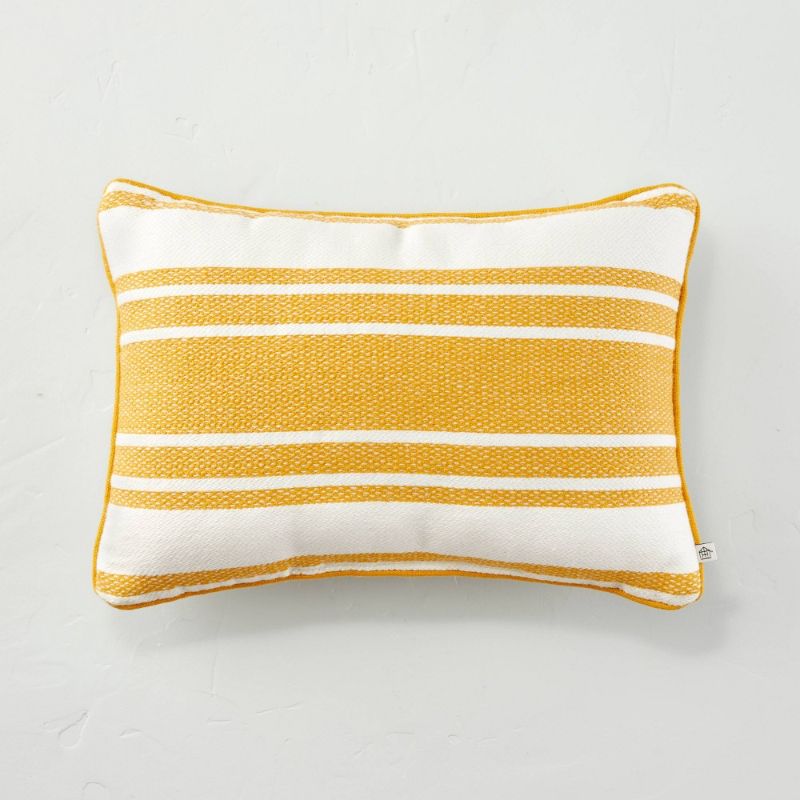 Photo 1 of 14" X 20" Variegated Stripe Indoor/Outdoor Lumbar Throw Pillow /Cream - Hearth & Hand™ with Magnolia