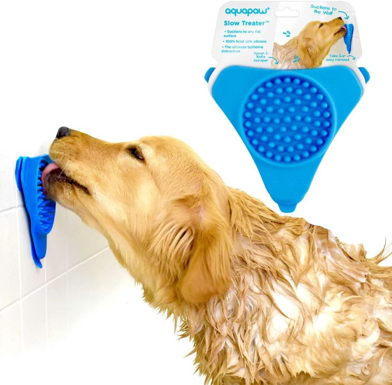 Photo 1 of Aquapaw Lick Mat for Dogs, Puppies and Pets, Dog Lick Pad, Slow Feeder for Food, Treats, and Peanut Butter, Dog Stimulation Toy Suctions to Wall or Floor, Blue
