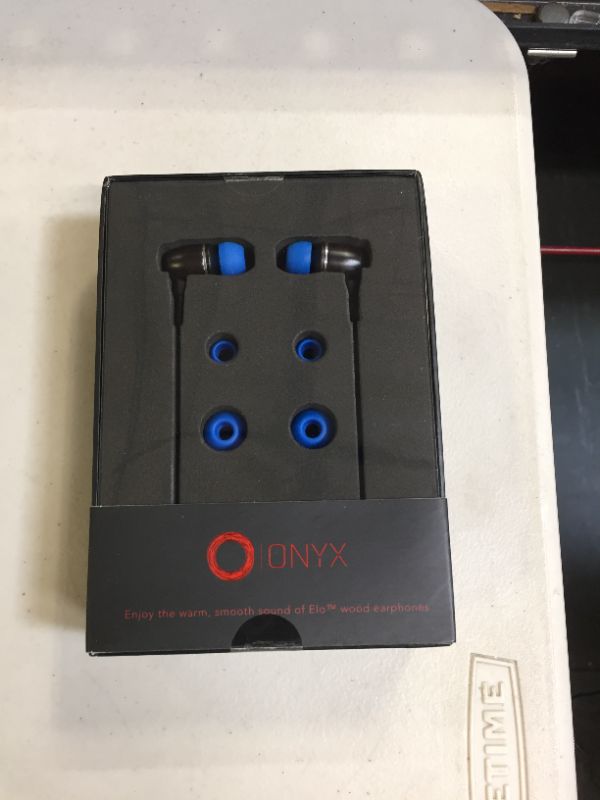 Photo 2 of Onyx Genuine Wood Wired in-Ear Headphones with Sound Isolation and Built-in Microphone (Ebony Wood - Blue)