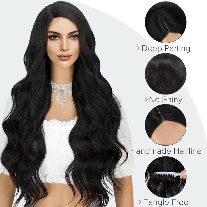 Photo 1 of K'ryssma Black Synthetic Wigs for Black Women, Natural Looking Long Wavy Wigs Right Side Parting NONE Lace Front Black Wig Heat Resistant Fiber Wigs Hair Replacement Wig 24 inch