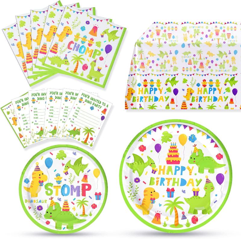 Photo 1 of Dinosaur Birthday Party Supplies, 66 Pcs Dinosaur Dino Party Decorations for Boys Girls Baby - Plates, Invitation Cards, Tablecloth, Napkins
