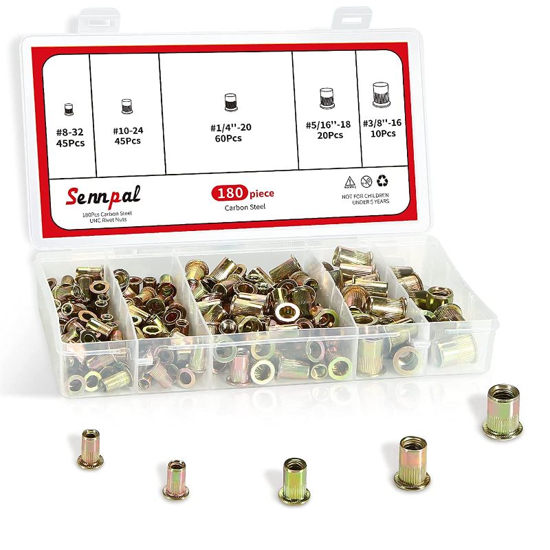 Photo 1 of ** FACTORY SEALED **Sennpal 180PCS Rivet Nuts Assortment, 8-32#10-24 1/4"-20 5/16"-18 3/8"-16 UNC Nuserts Assorted Flat Head Rivnuts Threaded Insert Nut Kit, Carbon Steel
