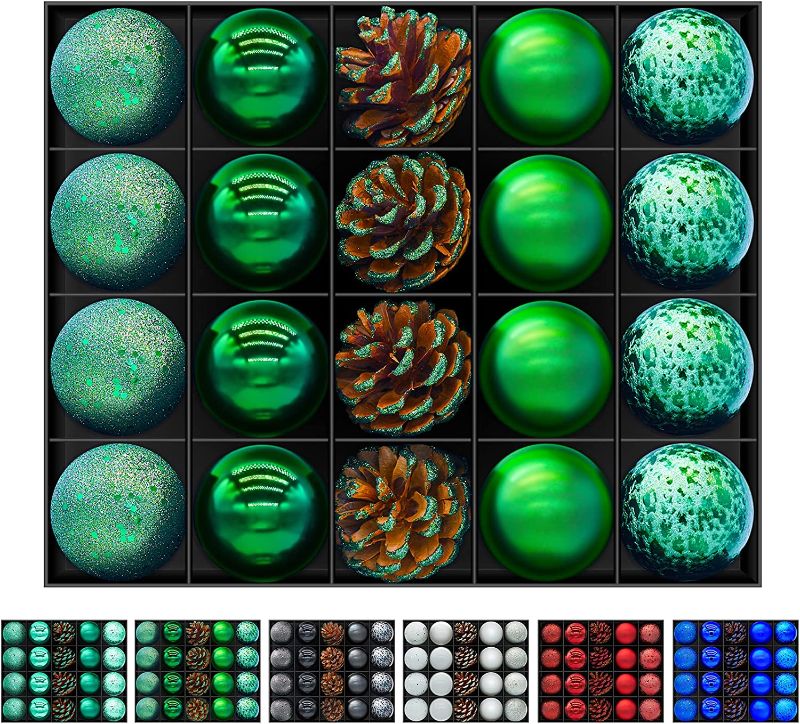 Photo 1 of ** FACTORY SEALED ** Babigo 20 Pack Christmas Tree Ornaments Set Shatterproof Xmas Balls Baubles Set with Pine Cones Holiday Ornaments Balls for Christmas Decorations (Dark Green, 60mm/2.36")
