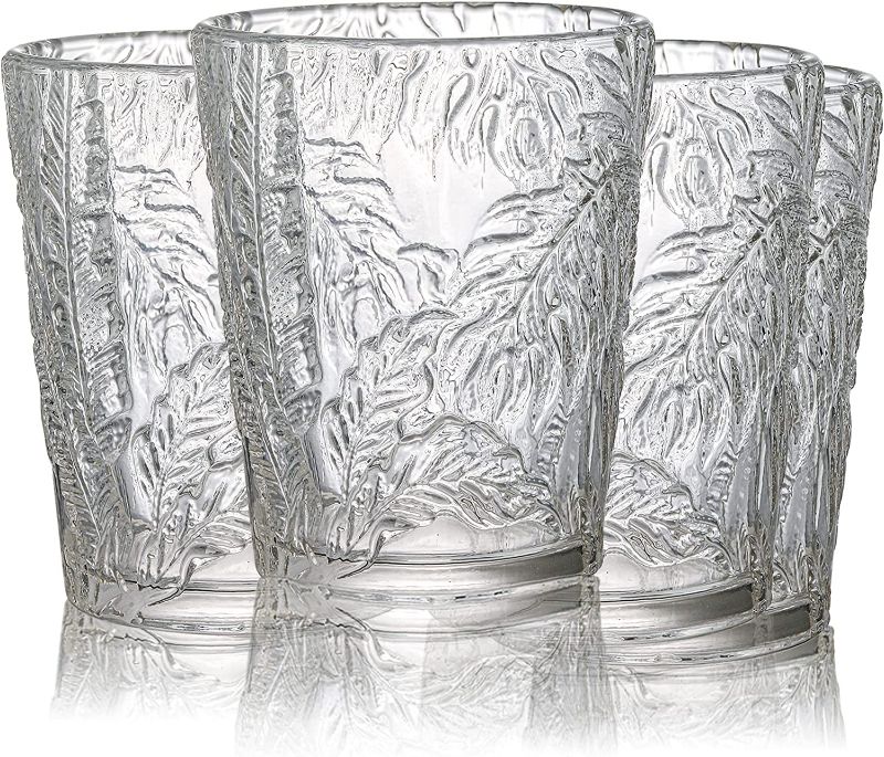 Photo 1 of ** FACTORY PACKAGED **  SOUJOY Set of 4 Mixed Drink Glasses, 12.5oz Embossed Glass Cup, Clear Vintage Whiskey Tumbler, Romantic Water Glasses for Water, Mixed Drinks, Cocktails, Water, Juice, Smoothie

