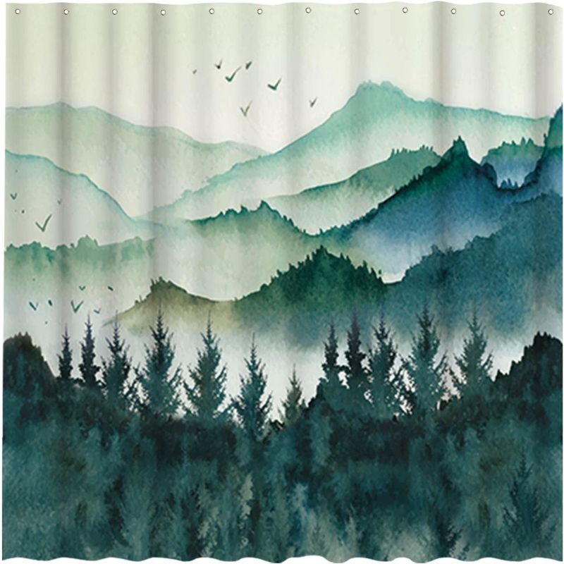 Photo 1 of Allenjoy 72x72 Watercolor Mountain Forest Landscape Teal Shower Curtain for Bathroom Sets Green Misty Home Bath Nature Bathtub Decorations Durable Waterproof Fabric Machine Washable with 12 Hooks
