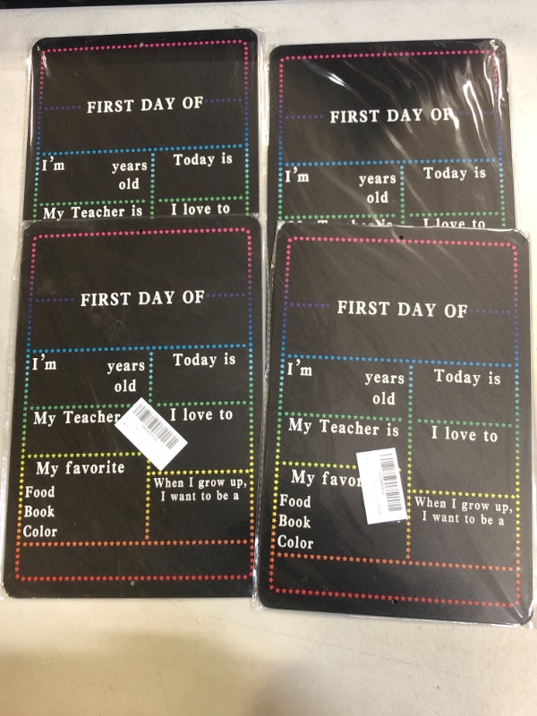 Photo 2 of ** 4 FACTORY SEALED ** First Day of School Board Sign Chalkboard Style Photo Prop Back to School Sign Supplies for Kindergarten 12 x 8 Inches
