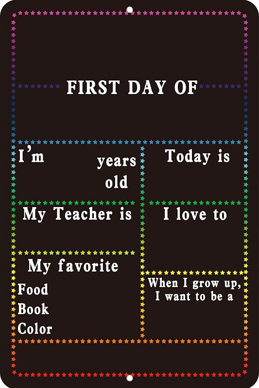 Photo 1 of ** 4 FACTORY SEALED ** First Day of School Board Sign Chalkboard Style Photo Prop Back to School Sign Supplies for Kindergarten 12 x 8 Inches
