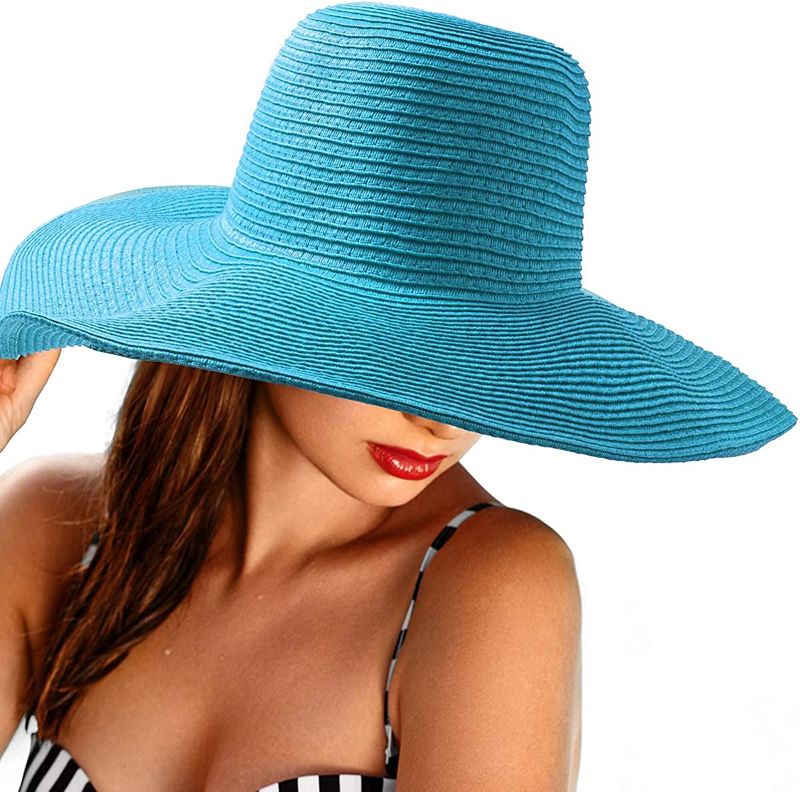 Photo 1 of Women's Wide Brim Sun Hat - Sun Protection Floppy Straw Hat Summer Beach Hat, Color: Sky Blue, Size 58cm, for 22 - 22 7/8" ( 7, 7 1/8, 7 1/4 ), FACTORY SEALED
