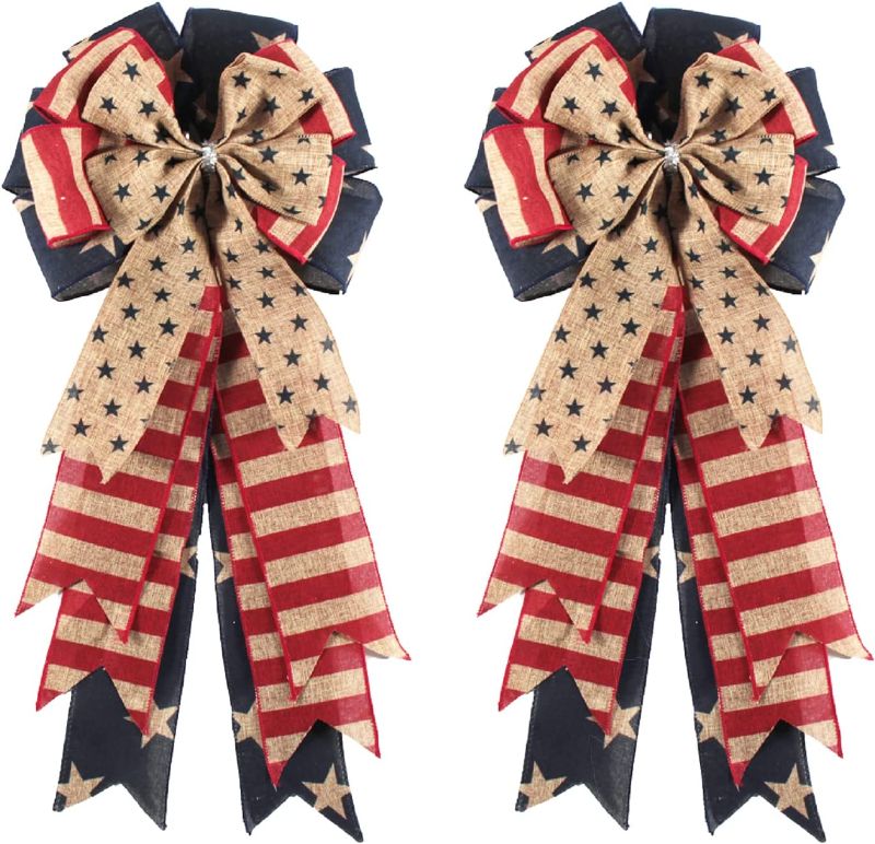 Photo 1 of 2Pcs Patriotic Wreath Bow, Stars and Stripes Burlap Bows,4th of July Memorial Day Wreath Bow for Indoor Outdoor Independence Day Veteran's Day President's Day (Red Stripe)