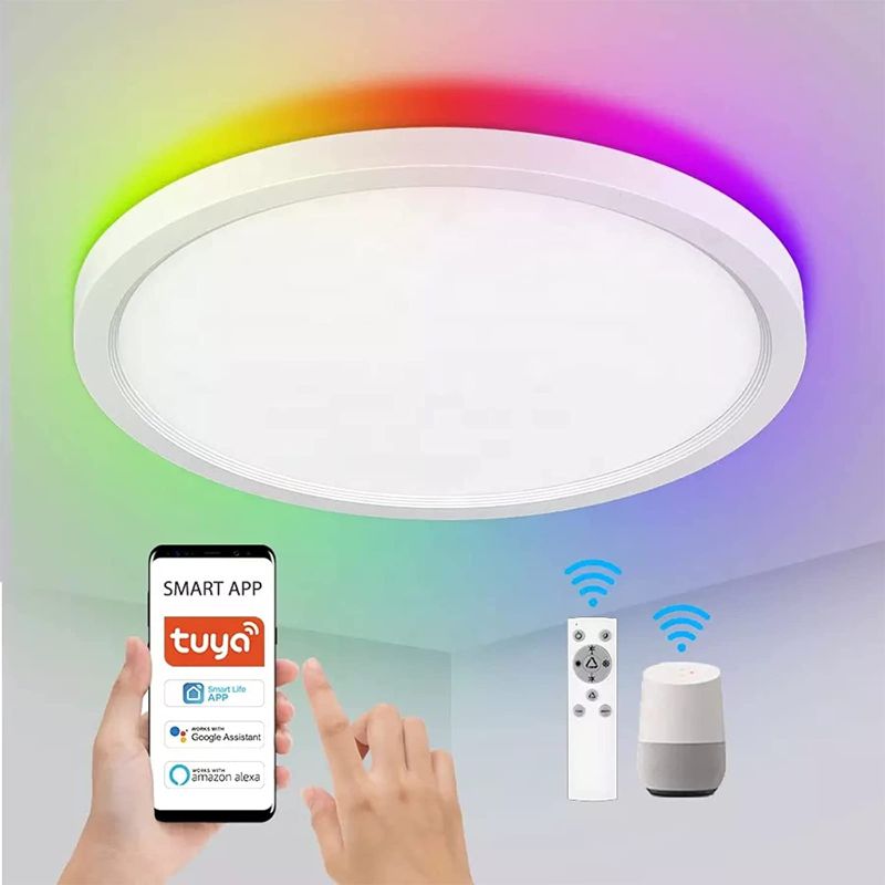 Photo 1 of 16Inch Smart Ceiling Light, 25W 2700K-6500K Dimmable Flush Mount Ceiling Light, Remote Controller/TUYA APP/Alexa Google Home, RGB Ultra Thin Ceiling Light Fixtures for Bedroom Bathroom Living Room
