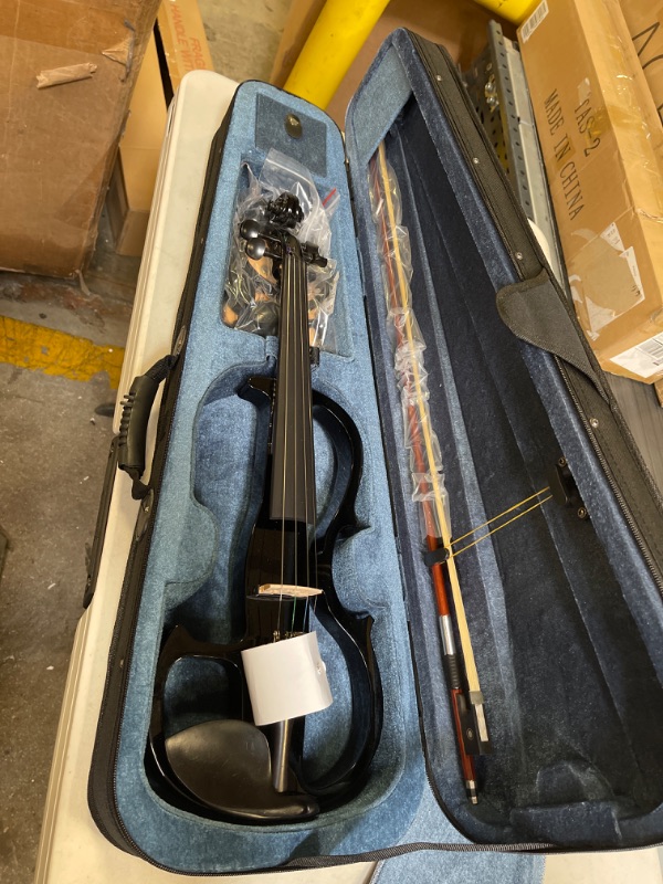 Photo 2 of Vangoa Electric Violin Full Size 4/4, Black Silent Electric Violin, Solid Wood Metallic Electric Fiddle with Ebony Fittings, Beginner Kit for Adults Teens
