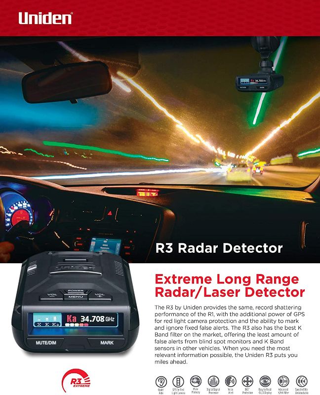 Photo 2 of Uniden R3 EXTREME LONG RANGE Laser/Radar Detector, Record Shattering Performance, Built-in GPS w/ Mute Memory, Voice Alerts, Red Light & Speed Camera Alerts, Multi-Color OLED Display , Black
