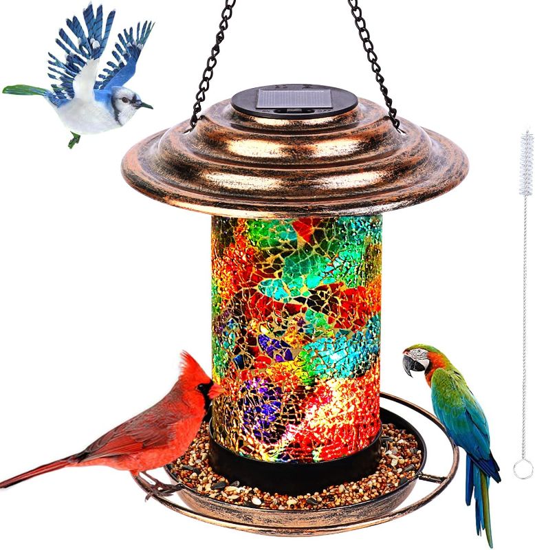 Photo 1 of Bird Feeders for Outdoors Hanging, Metal Wild Bird Feeder for Cardinals Solar Garden Lantern Birdfeeder 2LBs Large Capacity 360°Feeding Mosaic Glass Waterproof Bird Feeder with S Hook and Brush
