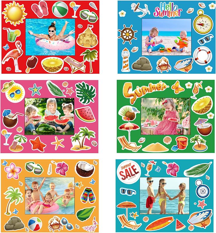 Photo 1 of 24 Pack Summer Back to School Craft Kit Hawaiian DIY Picture Frame Craft Hello Summer Children Stickers for Kids School Classroom Aloha Beach Pool Theme Summer Party Gifts Game Supplies
