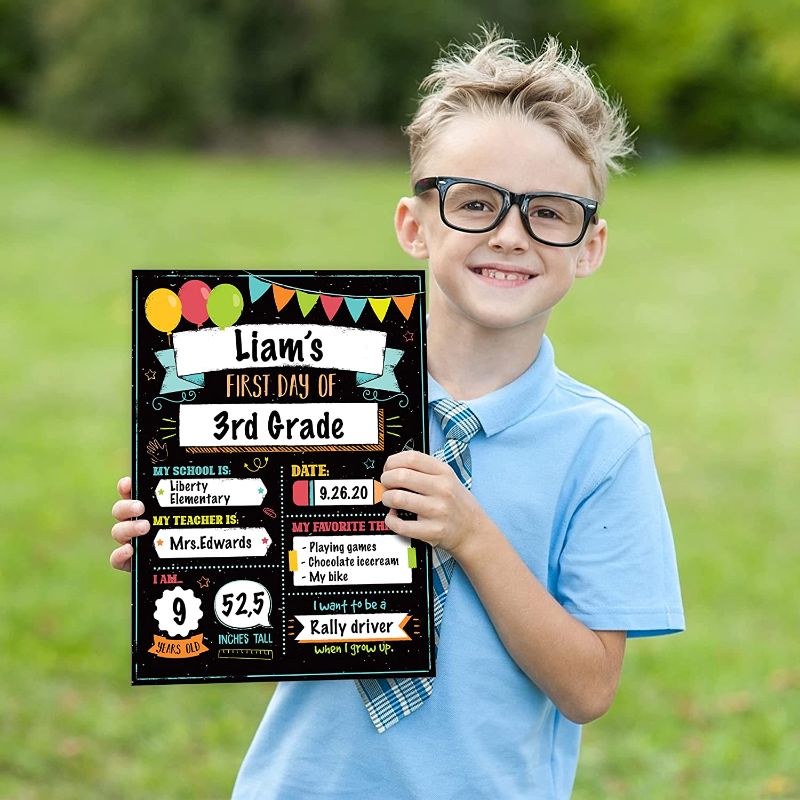 Photo 1 of Beautiful First and Last Day of School Board Signs Set of 12 - Reversible 12" x 9" Back to School Cards for Lasting Memories - Perfect Photo Prop Chalkboard Prints for Kindergarten and School
