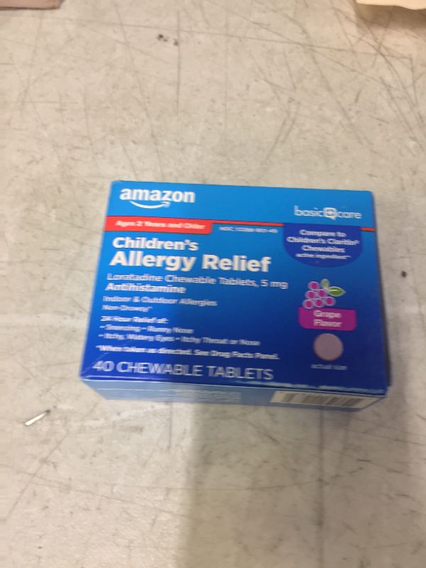 Photo 2 of Amazon Basic Care Children's Allergy Relief, Loratadine Chewable Tablets, 5 mg, Grape Flavored, 40 Count 40 Count (Pack of 1)- best by- 07/2024