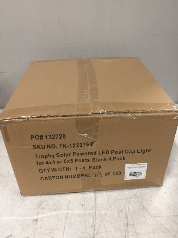 Photo 2 of  4 Pack Trophy 15 Lumen Solar Powered LED Post Cap Light for 4x4 or 5x5 Posts (Black) --FACTORY SEALED -- --PACKAGING IS DAMAGED --
