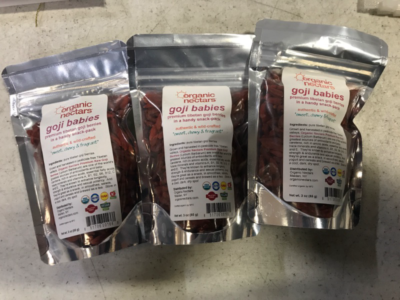 Photo 2 of 3 PACK--Organic Nectars Premium Raw Unsweetened Tibetan Goji Berries Goji Babies
SELL BY 9/14/23