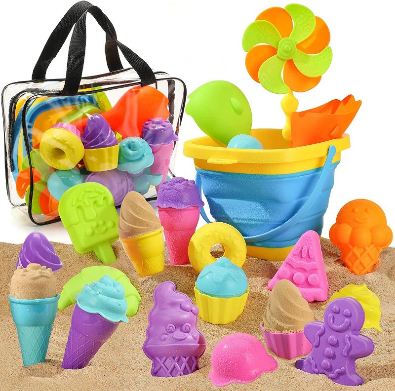 Photo 1 of 25PCS Kids Beach Sand Toys Set, Sand Tools with Bucket Pinwheel Shovels Ice Cream Mold Set, Kids Outdoor Toys