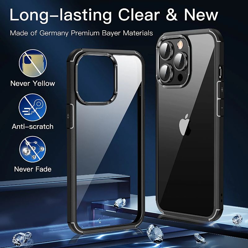 Photo 1 of Designed for iPhone 13 Pro Case, [10FT Military Grade Drop Tested] Clear Shockproof Protective Durable Slim Phone Case Transparent Hard Back and Soft Non-Slip Bumper Case 6.1 inch- Black
