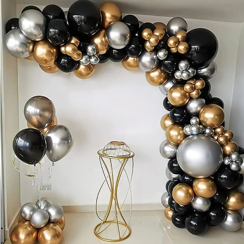 Photo 1 of "NEW YEARS ARCH" 111PCS Black Gold and Silver Balloon Garland Arch Kit Metallic Black Metallic Gold Chrome Silver Latex Balloons Set for Birthday Graduation Bachelorette Wedding New Year Party Decoration
