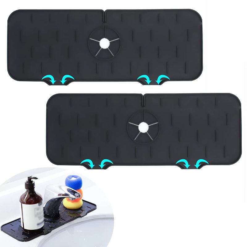 Photo 1 of 2Pcs Kitchen Faucet Sink Splash Guard, Silicone Faucet Handle Drip Catcher Tray, Sink Draining Pad Behind Faucet, Rubber Drying Mat for Kitchen, Bathroom, Farmhouse and RV Countertop Protect, (Black)
