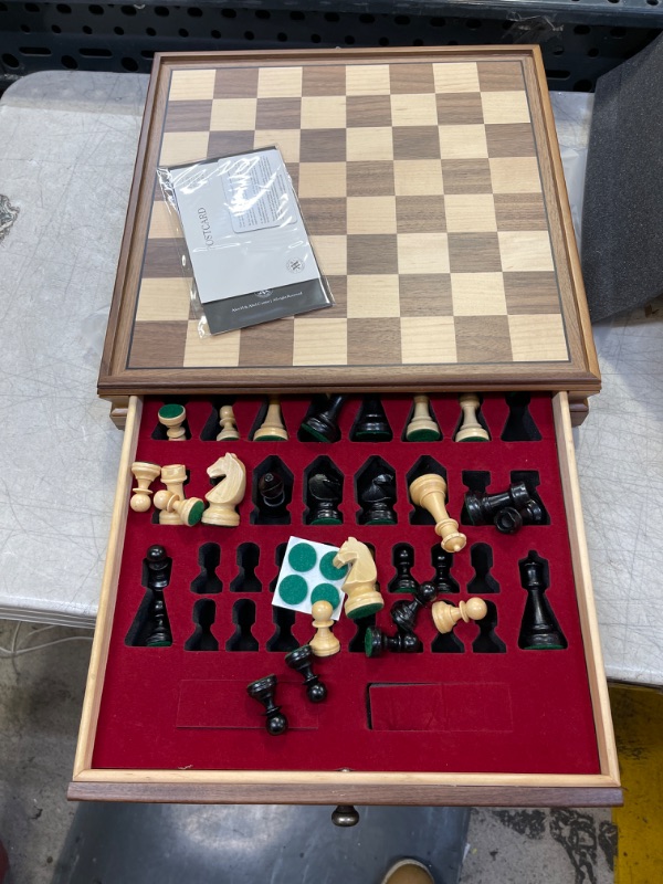 Photo 2 of A&A 15 inch Walnut Wooden Chess Sets w/ Storage Drawer / Triple Weighted Chess Pieces - 3.0 inch King Height/ Walnut Box w/Walnut & Maple Inlay / 2 Extra Queen / Classic 2 in 1 Board Games/ Chess Only Triple Weighted Pieces w/ Walnut Box