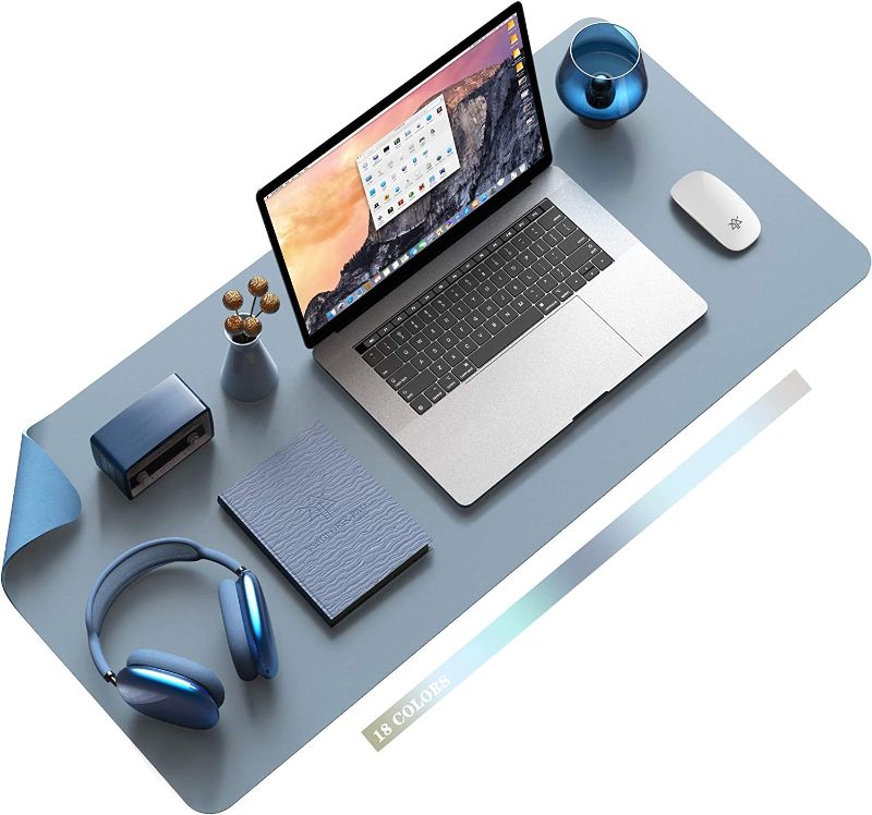 Photo 1 of Non-Slip Desk Pad, Waterproof PVC Leather Desk Table Protector, Ultra Thin Large Mouse Pad, Easy Clean Laptop Desk Writing Mat for Office Work/Home/Decor (Blue, 35.4" x 17")
