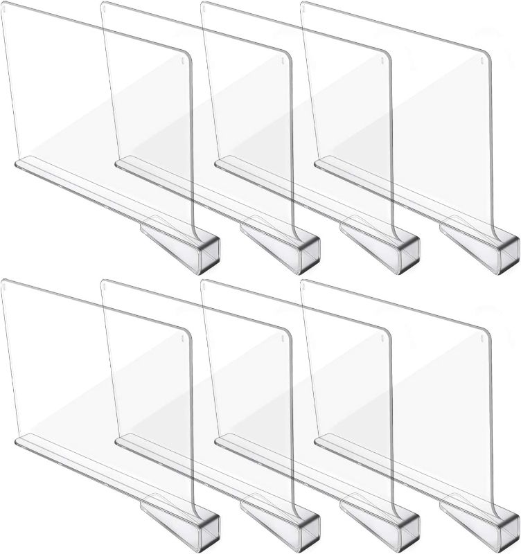 Photo 1 of Hmdivor Clear Acrylic Shelf Dividers, Closets Shelf and Closet Separator for Organization in Bedroom, Kitchen and Office Shelves (8 Pack) ( BOX HAS MINOR DAMAGE ) 
