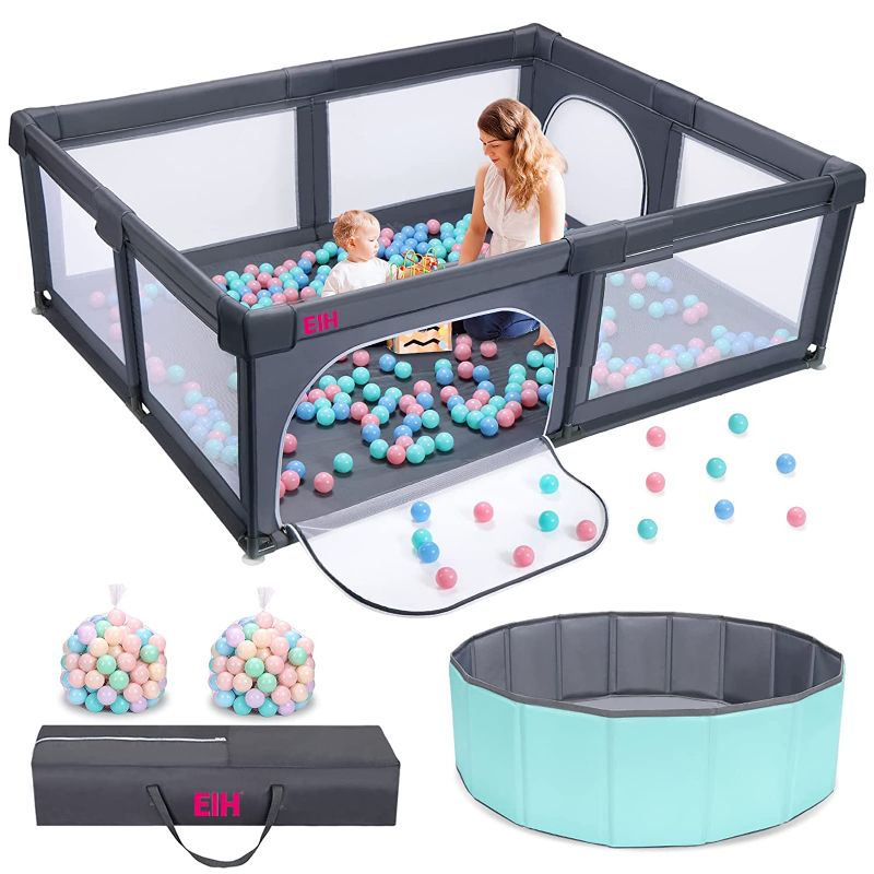 Photo 1 of EIH Large Baby Playpen with Ocean Ball Pit & 100PCS Balls Play Yard for Babies and Toddlers Indoor and Outdoor Kids Activity Center 79 Inch x 59 Inch, Dark Grey