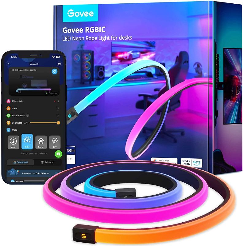 Photo 1 of Govee RGBIC Gaming Lights, 10ft Neon Rope Lights Soft Lighting for Gaming Desks, LED Strip Lights Syncing with Razer Chroma, Support Cutting, Smart App Control, Music Sync, Adapter (Only 2.4G Wi-Fi)
