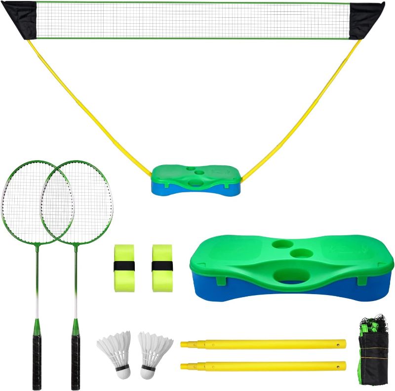 Photo 1 of FBSPORT Portable Badminton Net Set with Storage Base, Folding Volleyball Badminton Net with 2 Badminton Rackets 2 Shuttlecocks Griptape 10x5 ft Net, Easy Setup for Beach Backyard Combo Set.